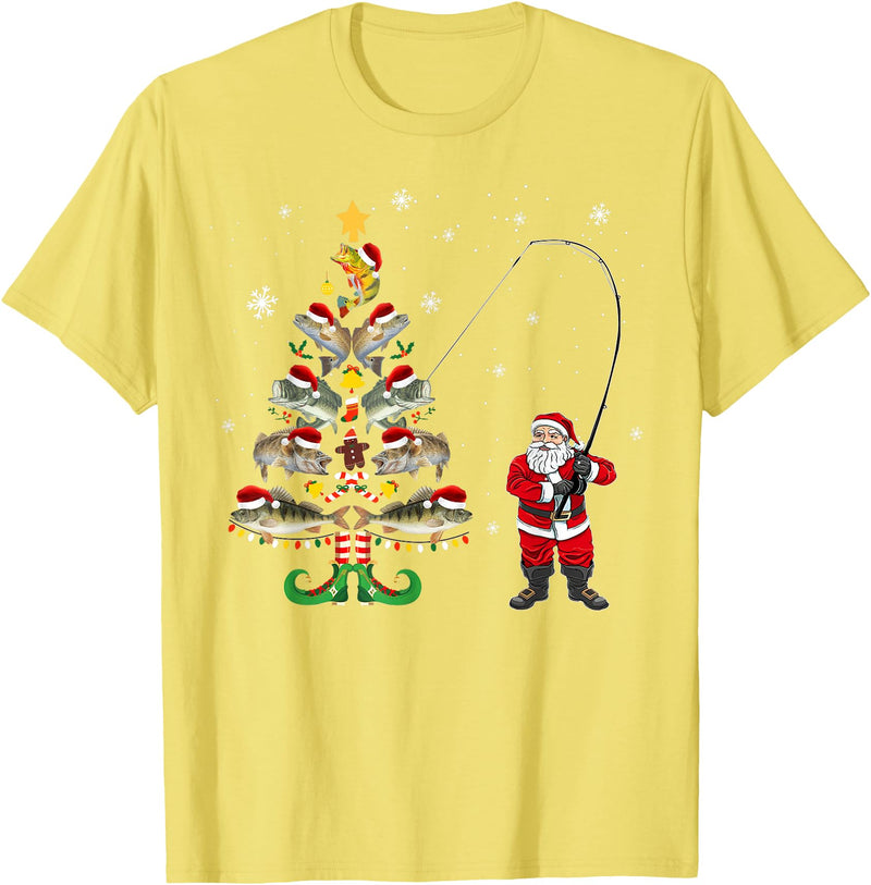 Fishermans Christmas Pajama Gift Tree Lights Merry Fishmas T-Shirt - Lemon Yellow