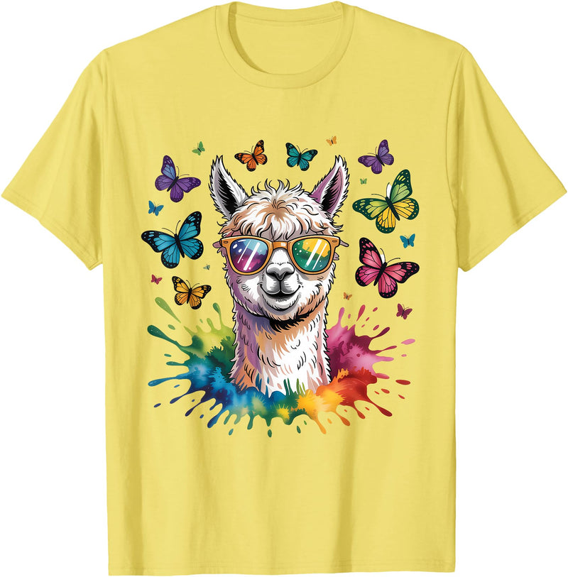 Funny Llama Lover Graphics Cute Llama with Sunglasses Animal Art Graphic Funny Alpaca T-Shirt - Lemon Yellow