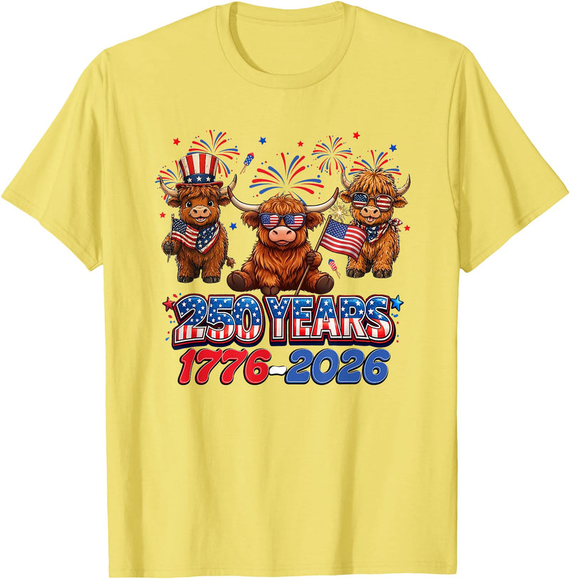 Scottish Highland Cow Print 250th Anniversary Gift 250 Years America Anniversary Cow 4th July America 1776 2026 T-Shirt -