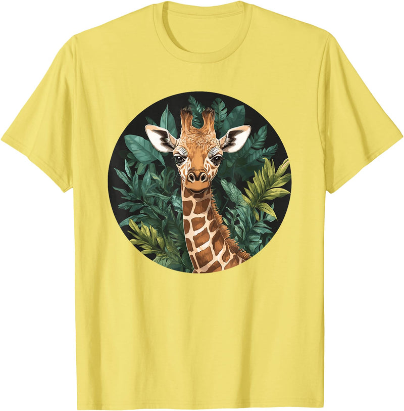 Nature Wildlife Giraffe Safari Jungle Giraffe With Tropical Jungle Leaves T-Shirt - Lemon Yellow
