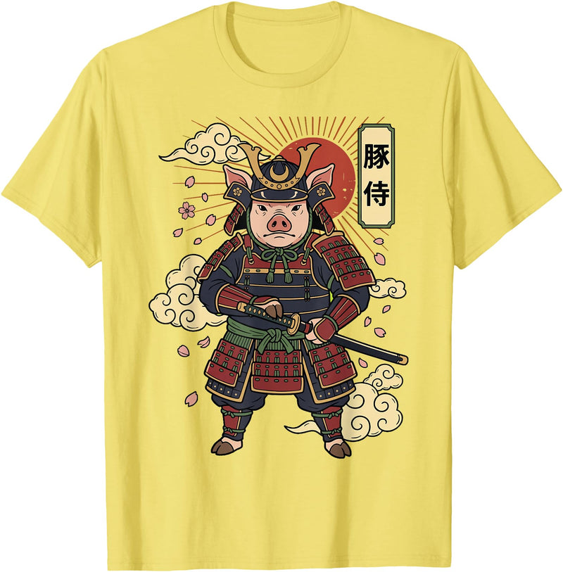 Samurai Pig Anime Japan Pig Samurai Japanese Warrior T-Shirt - Lemon Yellow