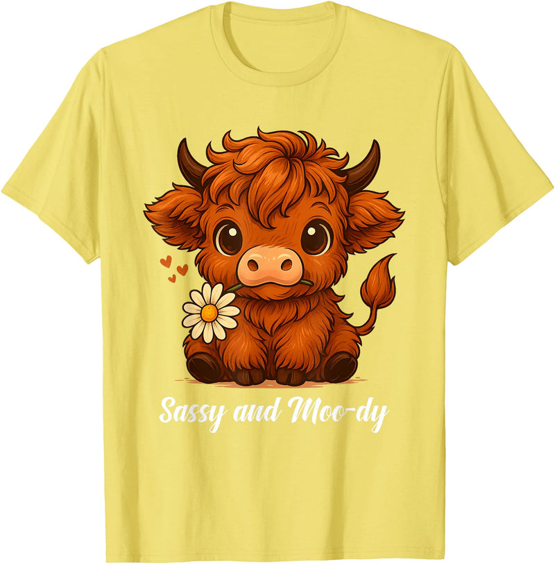 Sassy Moo-dy Cute Highland Cow Tees Sassy and Moo-dy Highland Cow Funny Farm Animal Art T-Shirt - Lemon Yellow