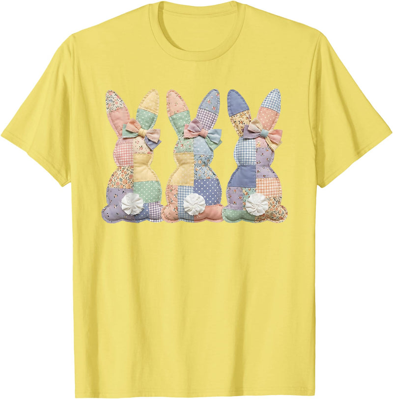 Easter Patchwork Bunny Cute Bunny Rabbit Coquette Lace Bow T-Shirt in Lemon Yellow