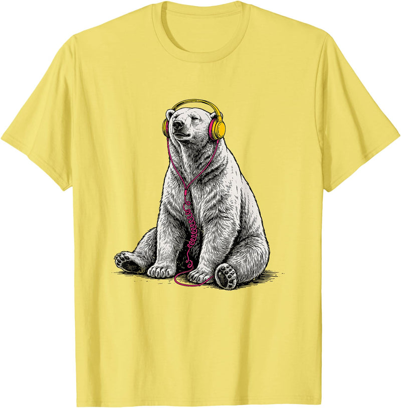 Arctic Wildlife Music Lover Designs Polar Bear Headphones Music Lover Funny Arctic DJ T-Shirt - Lemon Yellow