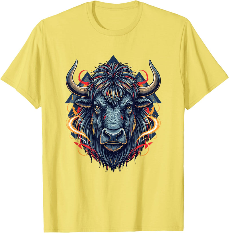 Wild Buffalo Bison Tribal Western Spirit Fierce Wild Bison Head Tribal Geometric Buffalo T-Shirt - Lemon Yellow