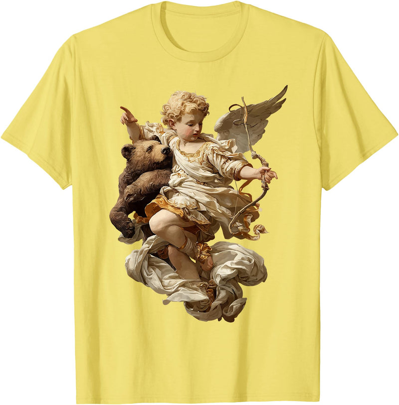 Vintage Angel Aesthetic Classical Art Cute Cherub Angel with Bear Baroque Renaissance Aesthetic T-Shirt - Lemon Yellow