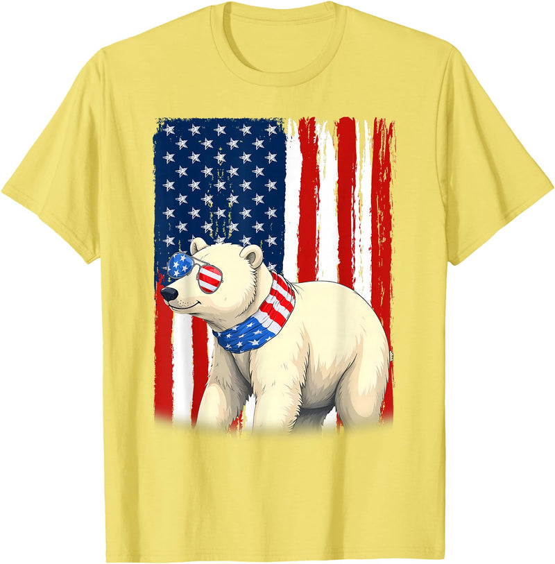 Patriotic USA Flag Polar Bear 4th of July Co. Polar Bear US America Flag Men Women 4th of July Patriotic T-Shirt - Lemon Yellow