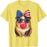 Cute Guinea Pig Bubble Gum Coquette Bow Girls Kids Patriotic Guinea Pig 4th of July Bow American Flag Girls T-Shirt - Lemon Yellow