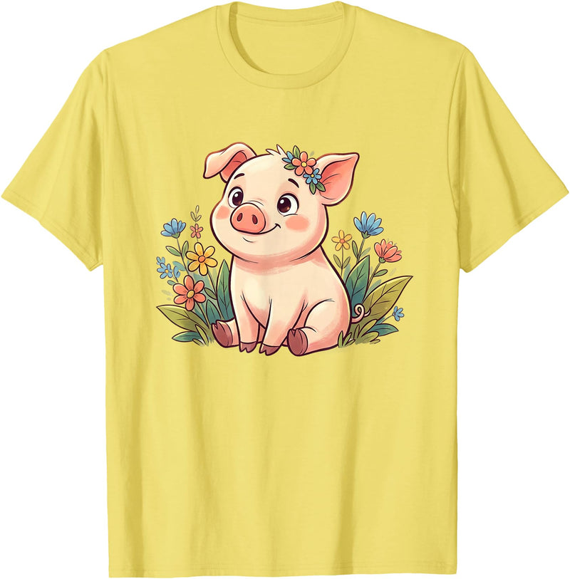 Cute Farm Piglet With Wildflowers Pastel Kawaii Baby Pig Surrounded by Colorful Flowers T-Shirt - Lemon Yellow