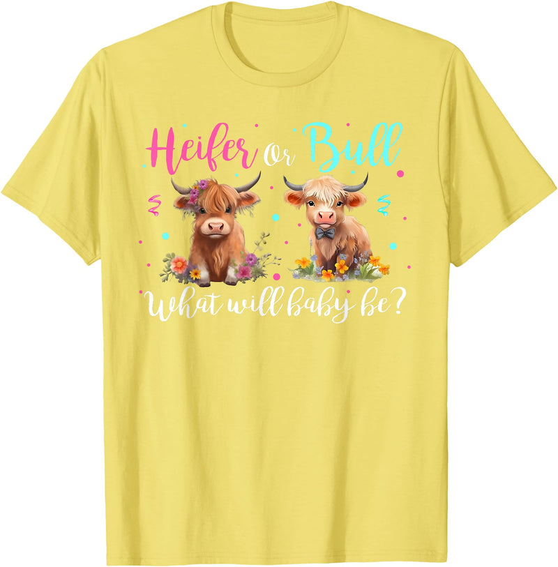 Heifer or Bull Gender Reveal Decorations & Gifts Highland Cow Print Heifer Or Bull Gender Reveal Baby Shower T-Shirt - Lemon
