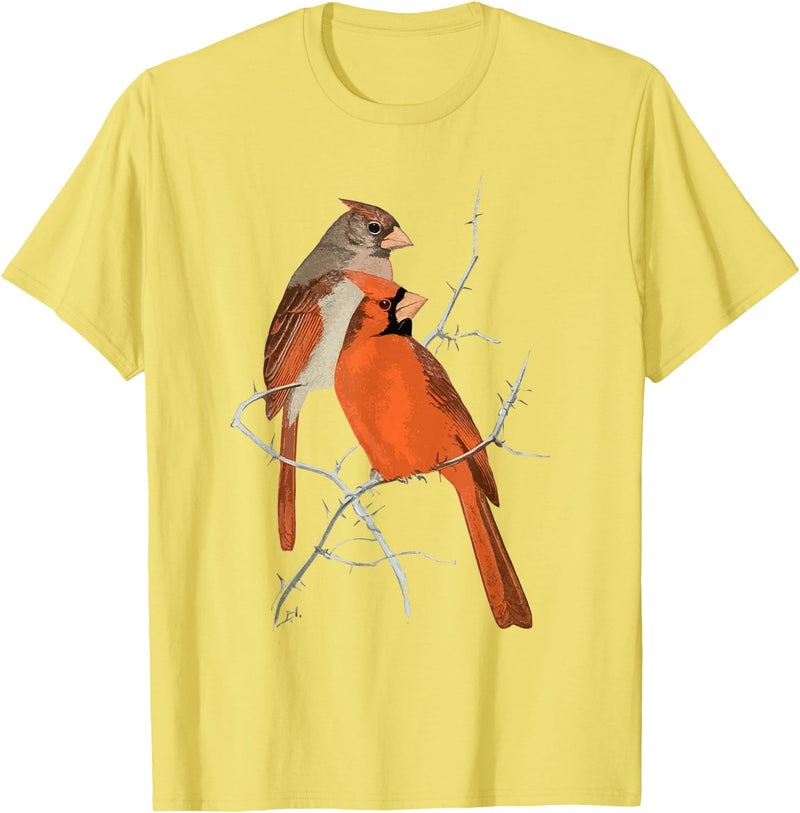 Red Cardinal Bird Male Female Vintage Red Cardinal Bird T-Shirt - Lemon Yellow