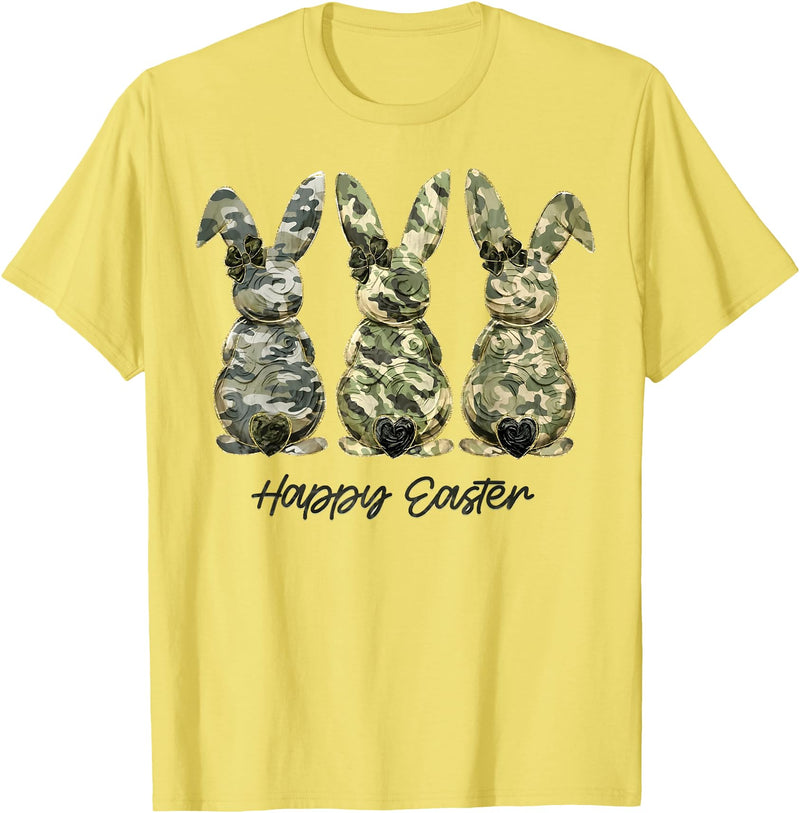 Happy Easter Camo Bunny Rabbit Coquette Bow Hunting Lover T-Shirt in Lemon Yellow