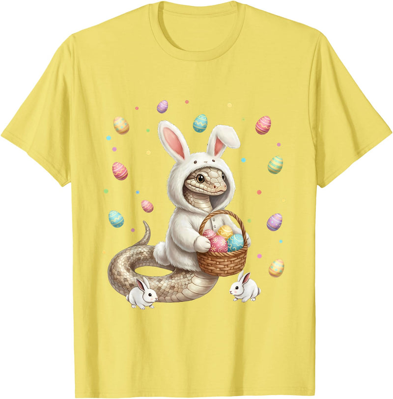 Cute Easter Bunny Rabbit with Eggs Whimsical Snake Design T-Shirt in Lemon Yellow