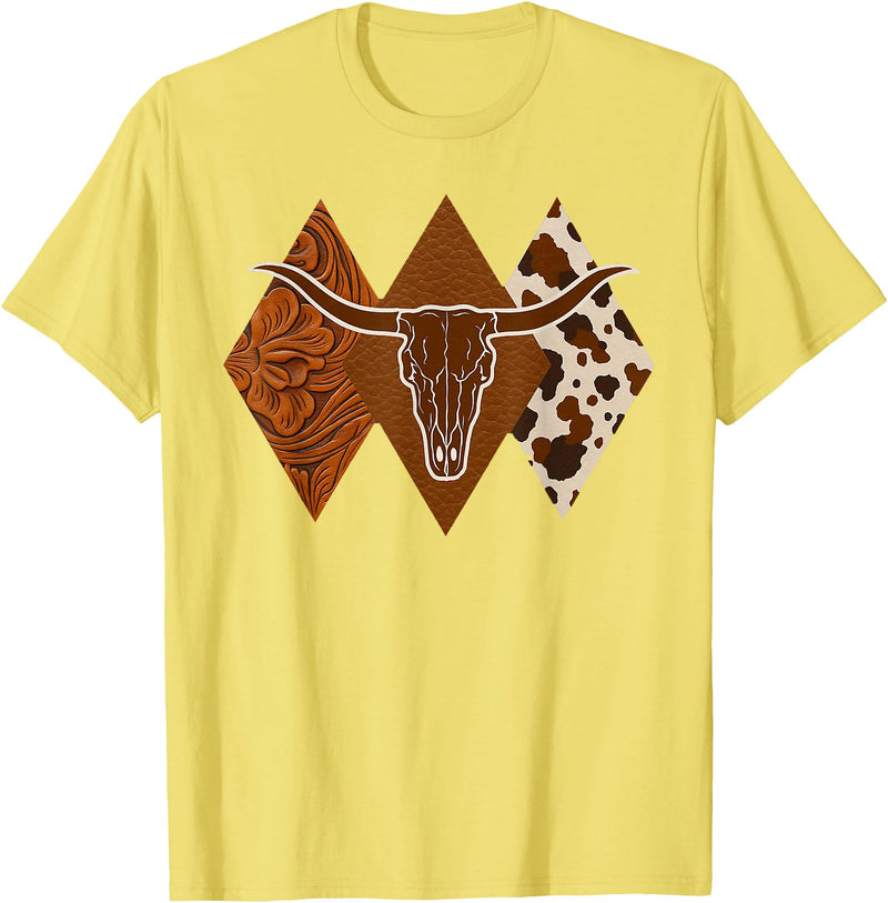 Boho Bull Skull Rodeo Culture Cowgirl Cowboy Gifts Boho Cow Skull Western Country Longhorn Country Concert T-Shirt - Lemon