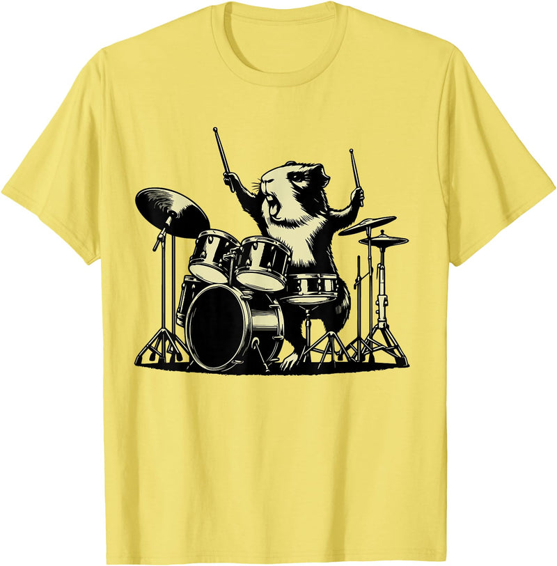 Retro Drummer Guinea Pig Lover Rock Design Guinea Pig Drummer Rock Drummer Guinea Pig Playing Drums T-Shirt - Lemon Yellow