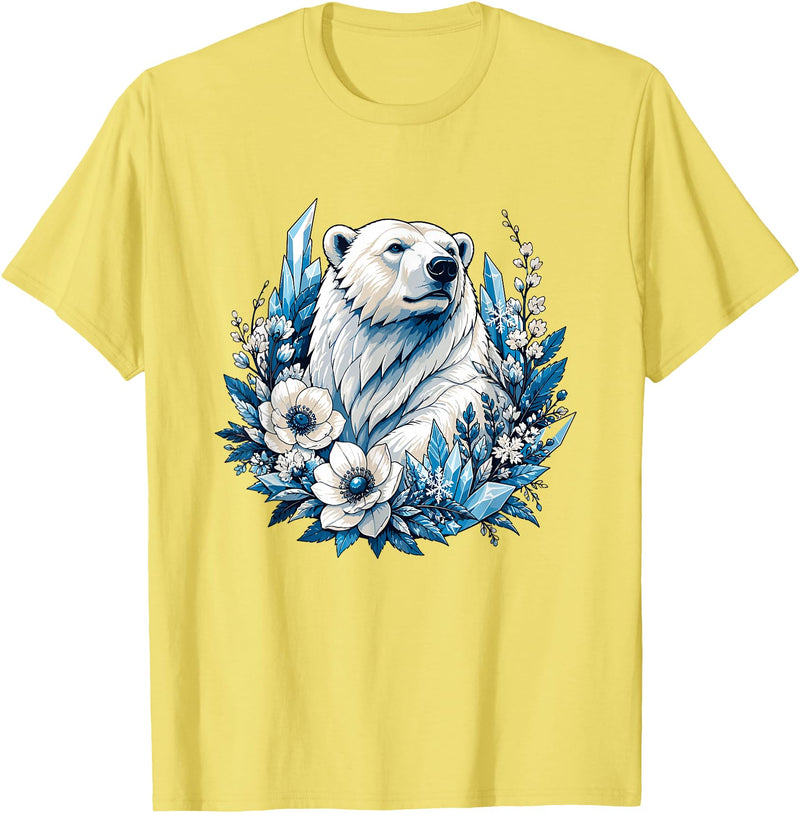 Arctic Polar Bear Floral Crystal Nature Winter Wildlife Polar Bear with Ice Flowers T-Shirt - Lemon Yellow