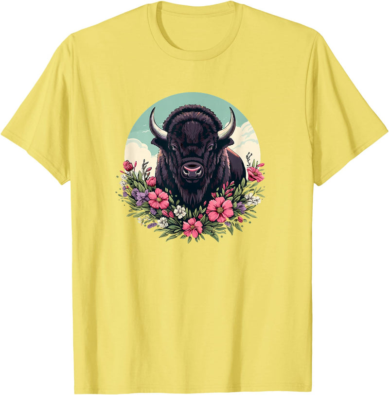 Wild Plains Buffalo Bison Gifts T Shirts & Hoodies Womens Girls Old West Retro Vintage Floral Buffalo Lover T-Shirt - Lemon