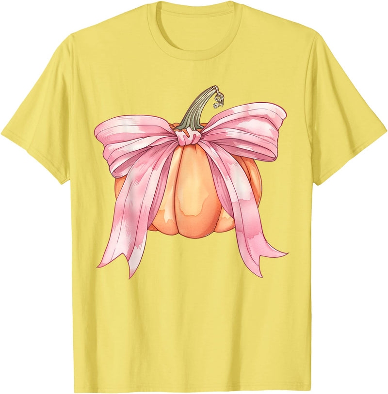 Coquette Halloween Tees NYC Coquette Autumn Pumpkin Pink Bow Girly Halloween Fall Women T-Shirt - Lemon Yellow