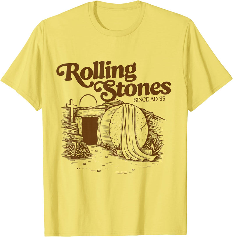 The Stone Was Rolled Away He Alive Retro Christian Easter T-Shirt in Lemon Yellow