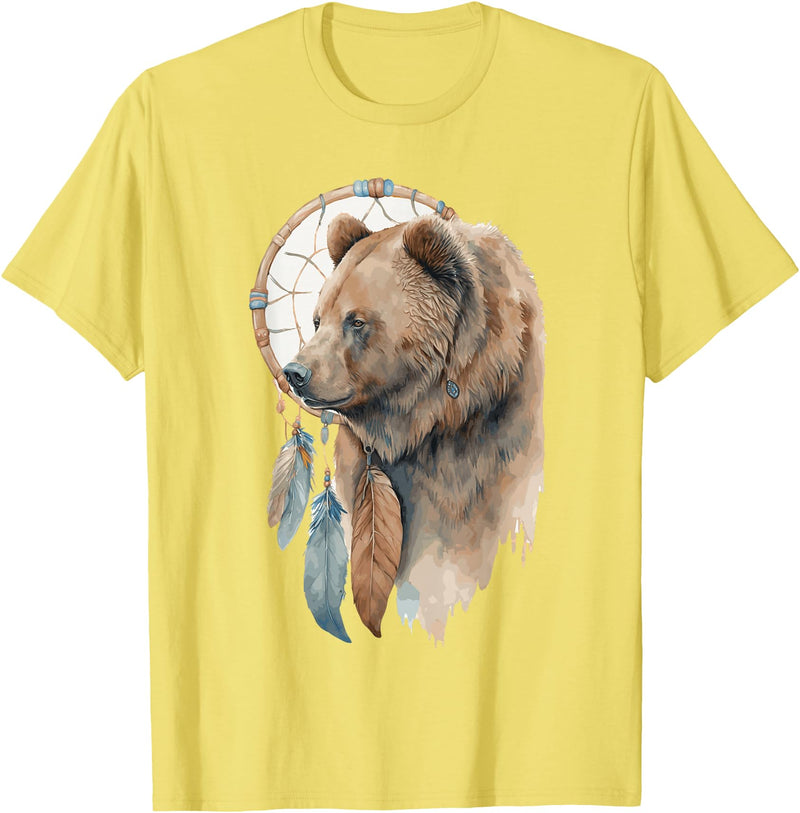 More Tribal Native American Totem Animal Art Bear Tribal Watercolor Bear Dream Catcher T-Shirt - Lemon Yellow