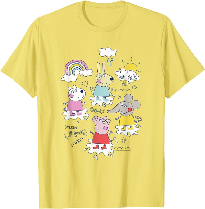 Peppa Pig Splish Splash Splosh Friends Playing In Puddles T-Shirt - Lemon Yellow