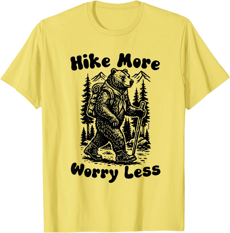 Outpost Scouting Gear by Giant Step Design Co. Hike More Worry Less Funny Cub Scouts BSA Hiking Bear T-Shirt - Lemon Yellow