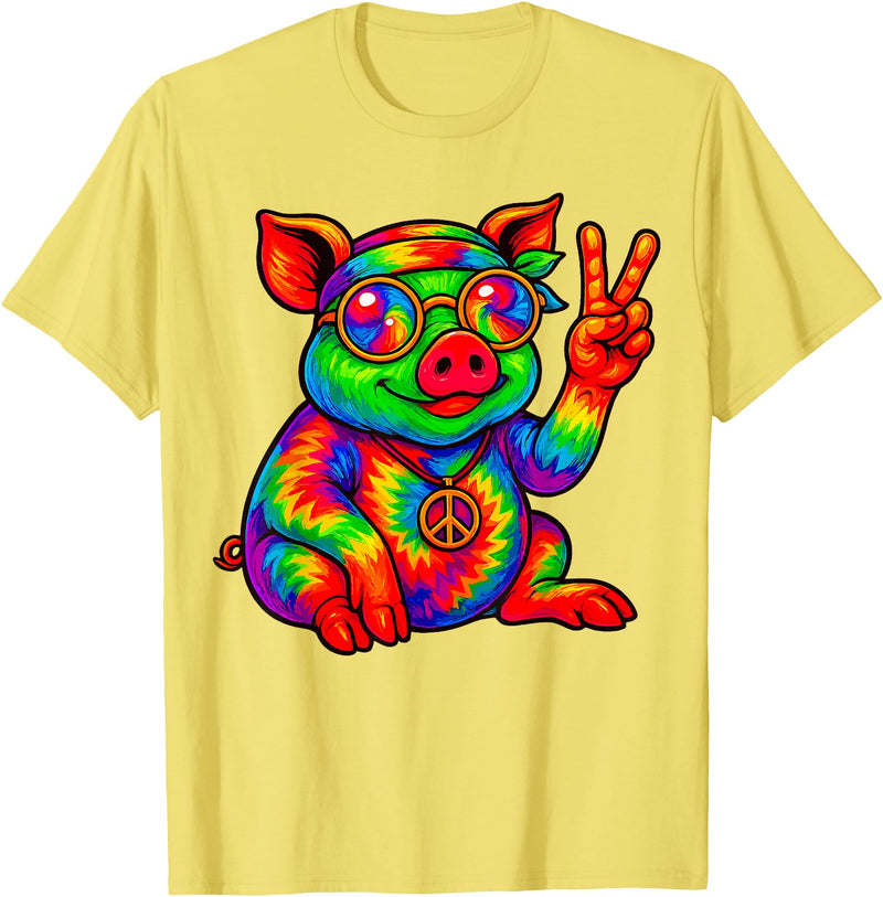 Magical and Funny Pig Gifts Tie-Dye Pig Peace Sign Hippo T-Shirt - Lemon Yellow