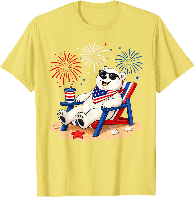 Polar Bear Patriotic Happy Beach Paws Co 4th of July Polar Bear Happy Beach Patriotic Animal Lovers T-Shirt - Lemon Yellow