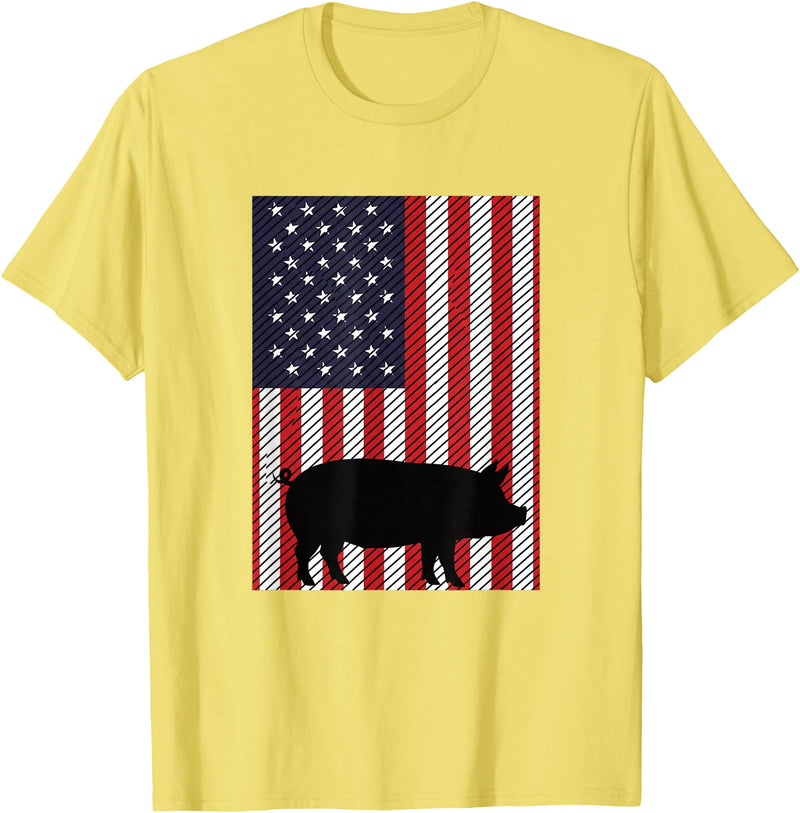 Farm Pig Patriotic United States Flag Kids Animal Patriotic Pig Silhouette American Flag Farm Kids Fourth T-Shirt - Lemon Yellow