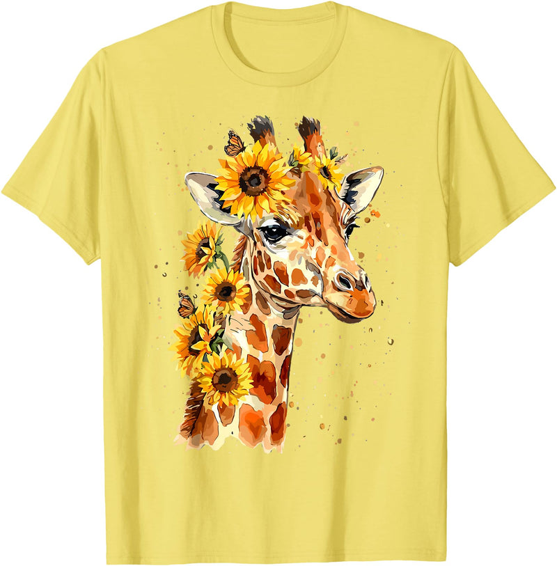 Funny Girl who loves Giraffe Sunflower Giraffe Cute Floral Safari Animal T-Shirt - Lemon Yellow