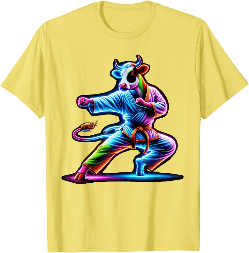Cow Karate Black Belt Apparel Cow Karate Kick Punch Cute Funny Cool Martial Arts Cow T-Shirt - Lemon Yellow