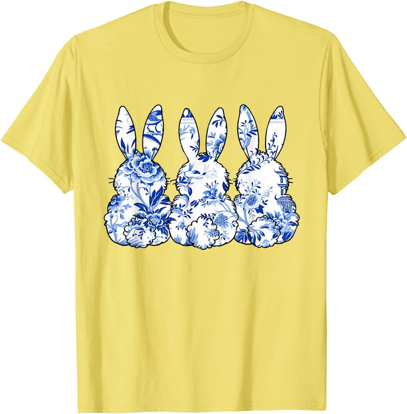 Chinoiserie Bunnies Blue and White Chinoiserie Florals Women T-Shirt in Lemon Yellow