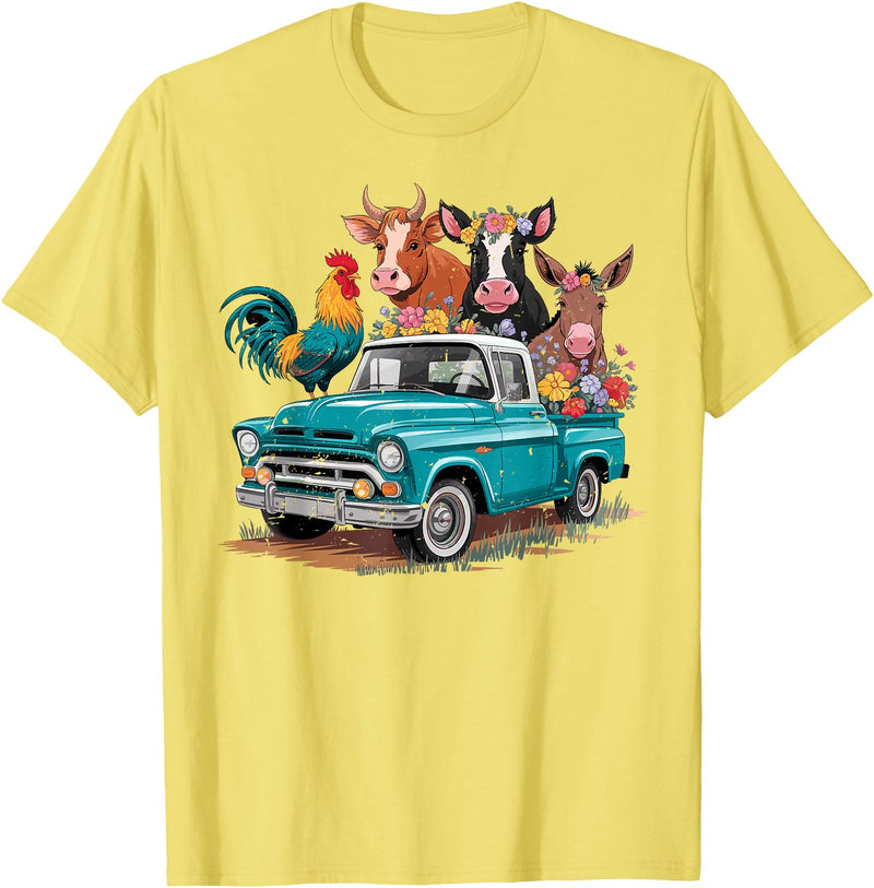Farm Pickup Truck Farm animals Cow Girl Wife Tee Vintage Pickup Truck Farm Animals Rooster, Cow, Pig, Donkey T-Shirt - Lemon