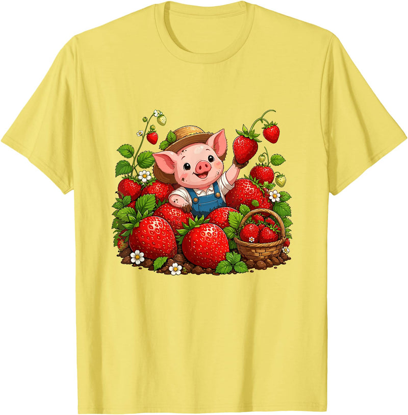 Kawaii Strawberry Piglet Farm Harvest Cute Farmer Pig Strawberry Patch Berry Picking T-Shirt - Lemon Yellow