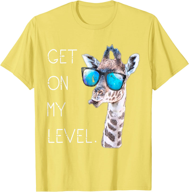 Funny Giraffe Zoo Tall Wildlife Tees & Gifts Get On My Level - Giraffe Glasses Giant Zoo Animal Saying T-Shirt - Lemon Yellow