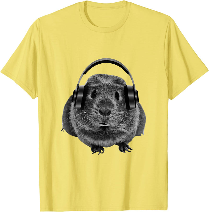 ROSS BOSS Funny Guinea Pig Graphic Tees Guinea Pig Shirt Headphones T-Shirt - Lemon Yellow