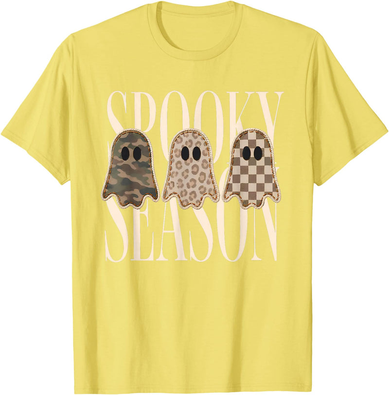 Spooky Season Ghost Halloween Shirt Spooky Season Leopard Camo Checkered Ghost Halloween Fall T-Shirt - Lemon Yellow