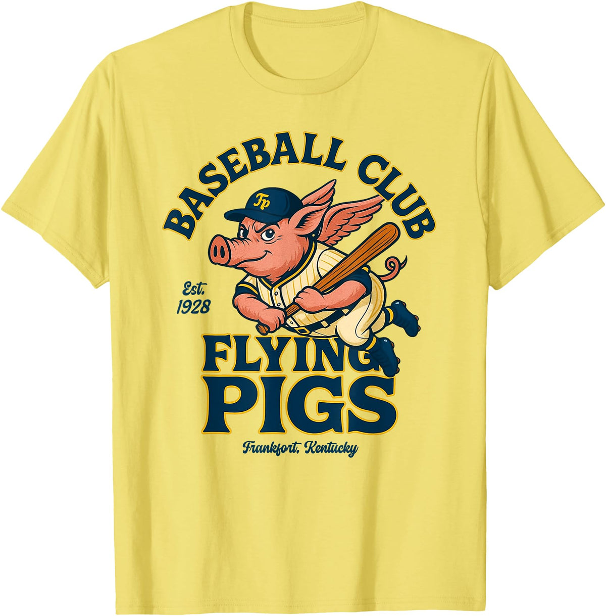 Outfield Outlaws Flying Pigs Retro Minor League Baseball Mascot T-Shirt - Lemon Yellow