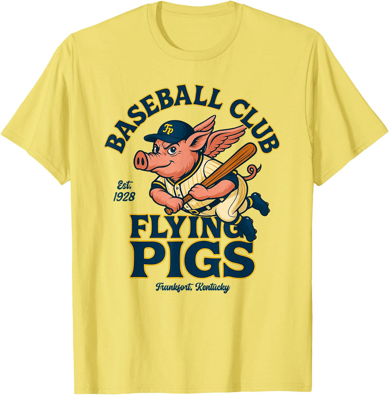 Outfield Outlaws Flying Pigs Retro Minor League Baseball Mascot T-Shirt - Lemon Yellow