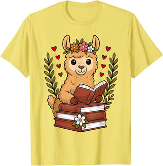 Bookworm Cute Llama Reading Book Llama Reading Book Graphic Llama with Book Floral T-Shirt - Lemon Yellow