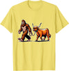 Bigfoot And Scottish Highland Cow Walking Humor Bigfoot Takes Scottish Highland Cow for a Walk T-Shirt - Lemon Yellow