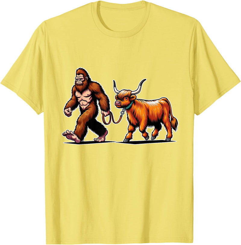 Bigfoot And Scottish Highland Cow Walking Humor Bigfoot Takes Scottish Highland Cow for a Walk T-Shirt - Lemon Yellow
