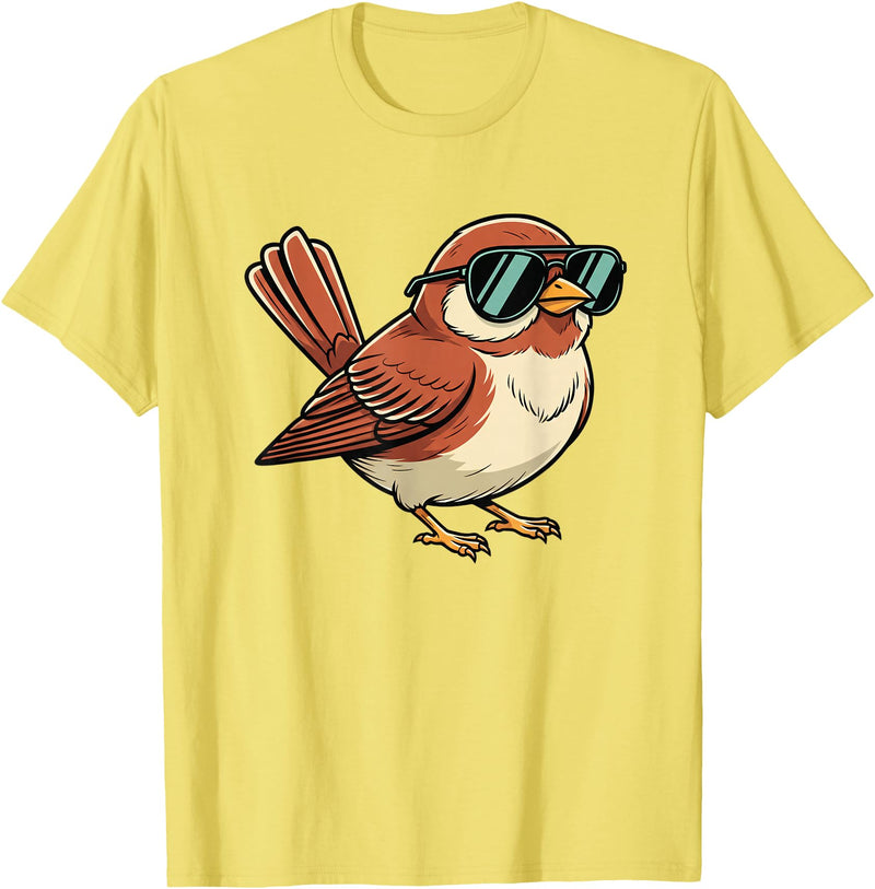 Chipper Feather Co Bird: Sparrow in Sunglasses, Cool Cartoon Avian Attitude T-Shirt - Lemon Yellow