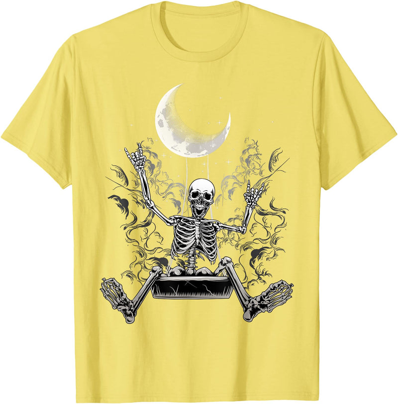 Skeleton Love Halloween Moon Skeleton Rock On Hand Spooky Halloween Rock Concerts T-Shirt - Lemon Yellow