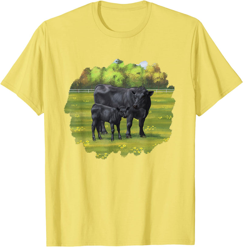 Farm Animal Art by CSForest Black Angus Cow & Cute Calf Farm Animals T-Shirt - Lemon Yellow