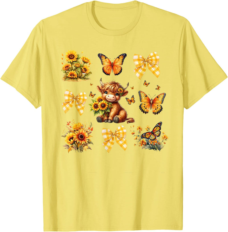 Coquette Bow Scottish Highland Cow Sunflower Shirt Baby Highland Cow With Sunflower Butterflies Farm Western T-Shirt - Lemon