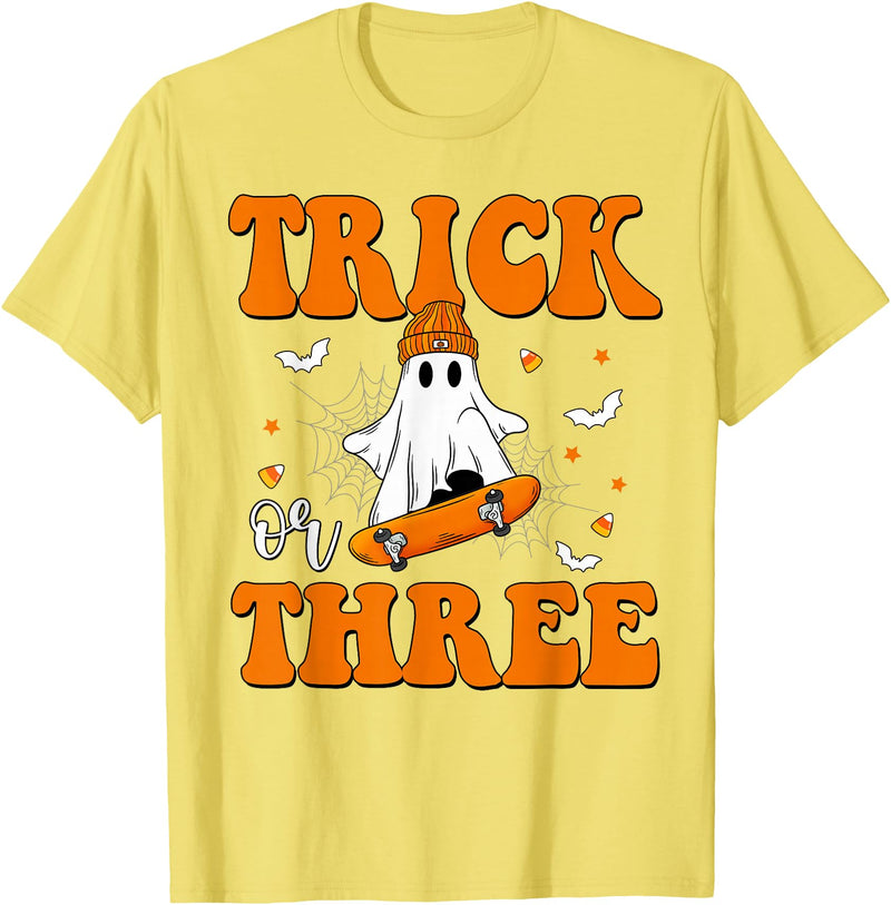3 Year Old Boy Birthday Gift For Spooky Boys Kids Trick or Three 3rd Halloween Birthday Ghost Skateboarding T-Shirt - Lemon