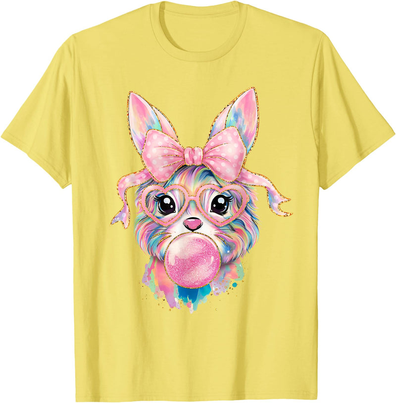 Funny Bunny Face Glasses Rabbit Coquette Bow Easter Trendy T-Shirt in Lemon Yellow