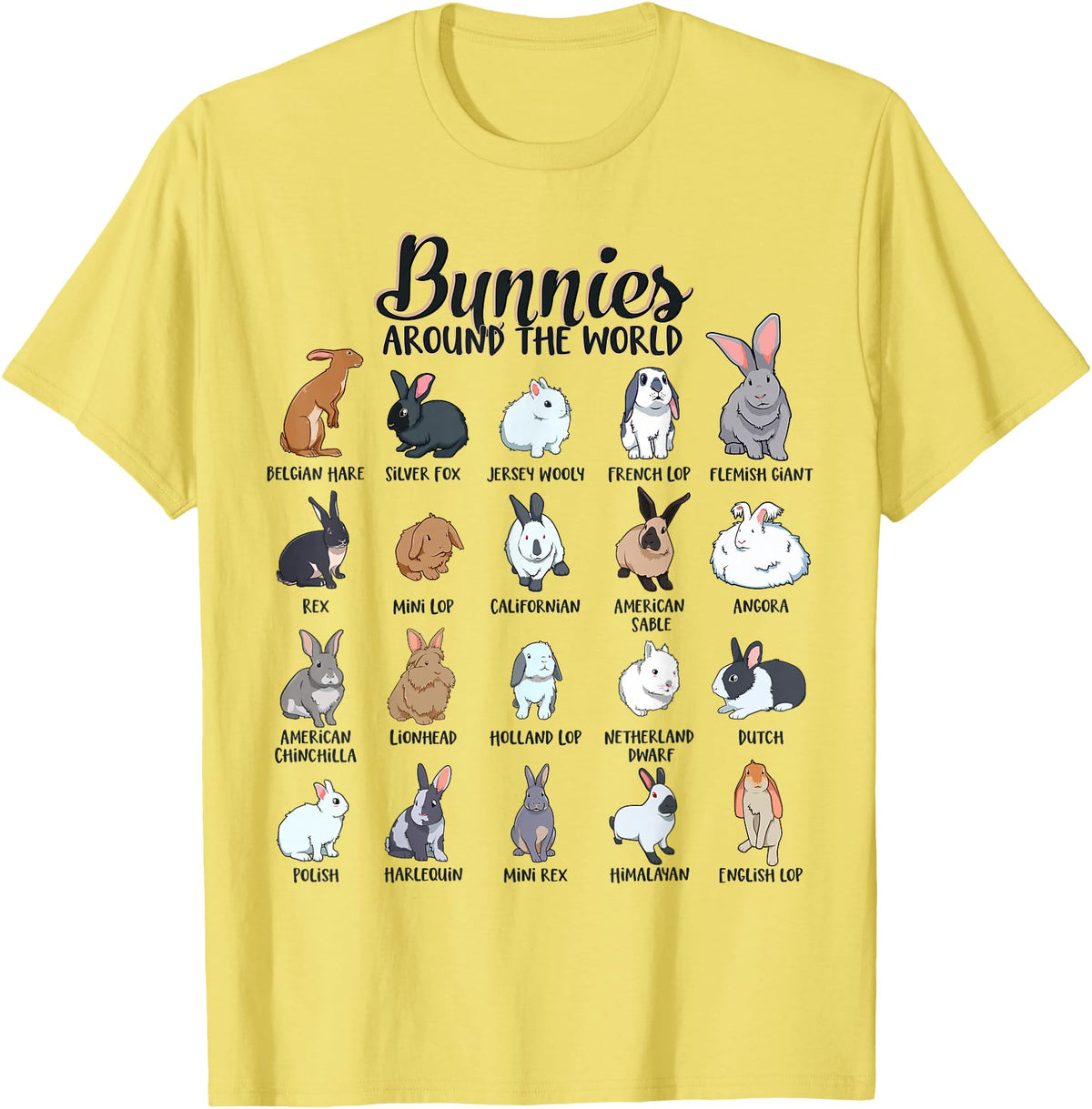 Rabbits in the World - Rabbit Breeds T-Shirt in Lemon Yellow