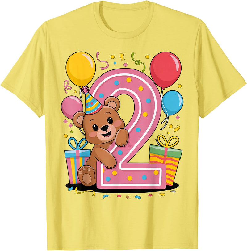 2nd Girls, Boys Bear 2 Birthday Bear 2nd birthday for boy girl 2 years old second two Bear T-Shirt - Lemon Yellow